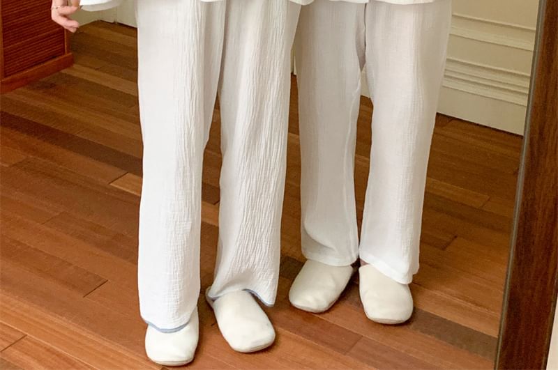 Couple Matching Long-Sleeve Contrast Trim Pajama Top / Pants / Midi Sleep Dress / Set (Various Designs)