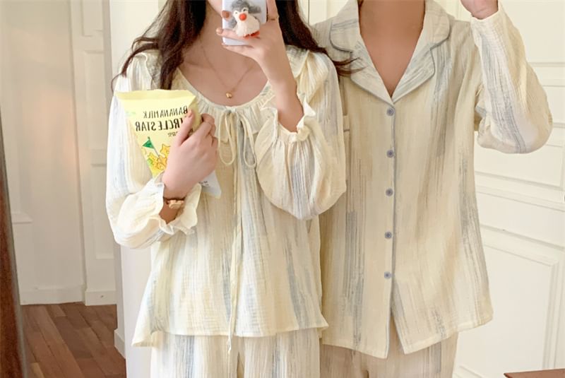 Couple Matching Long Sleeve Scoop Neck Patterned Print Ruffle Pajama Blouse / Collared Shirt / Straight Leg Pants / Pajama Dress / Set (Various Designs)