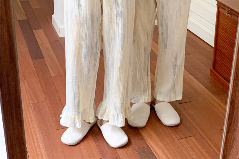 Couple Matching Long Sleeve Scoop Neck Patterned Print Ruffle Pajama Blouse / Collared Shirt / Straight Leg Pants / Pajama Dress / Set (Various Designs)