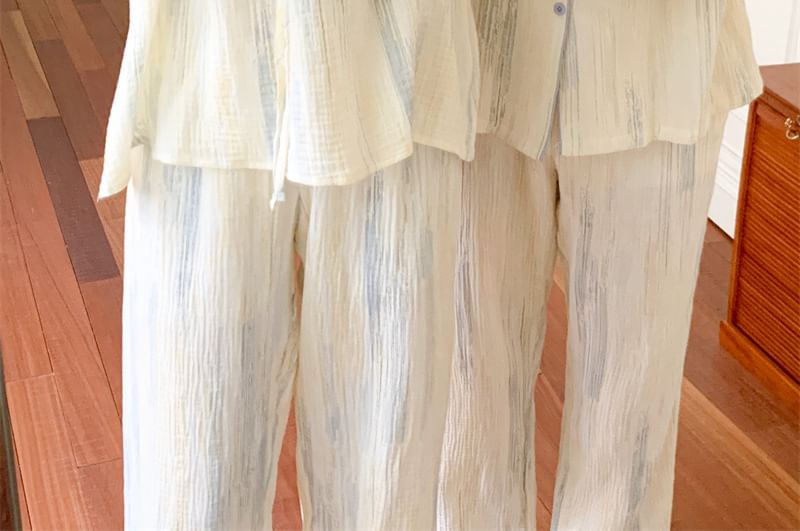 Couple Matching Long Sleeve Scoop Neck Patterned Print Ruffle Pajama Blouse / Collared Shirt / Straight Leg Pants / Pajama Dress / Set (Various Designs)