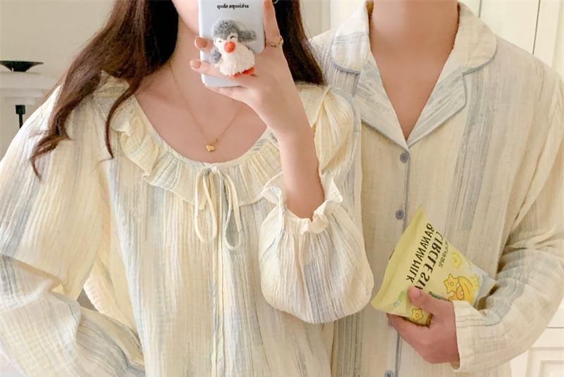 Couple Matching Long Sleeve Scoop Neck Patterned Print Ruffle Pajama Blouse / Collared Shirt / Straight Leg Pants / Pajama Dress / Set (Various Designs)