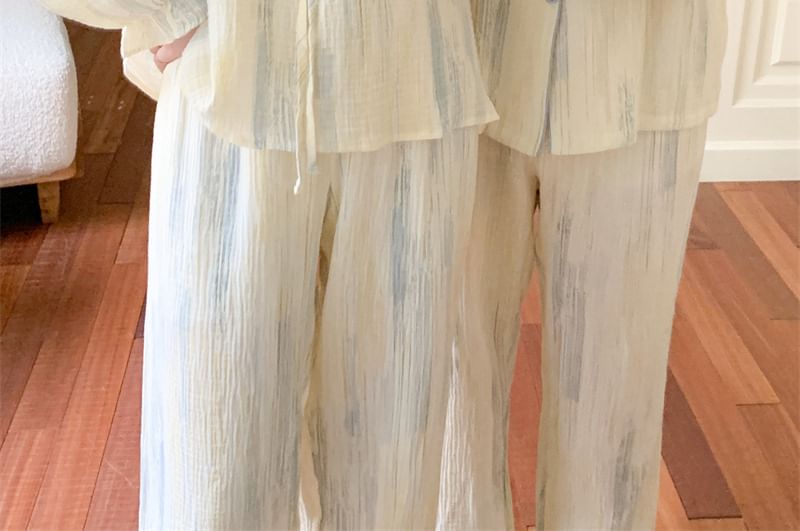 Couple Matching Long Sleeve Scoop Neck Patterned Print Ruffle Pajama Blouse / Collared Shirt / Straight Leg Pants / Pajama Dress / Set (Various Designs)