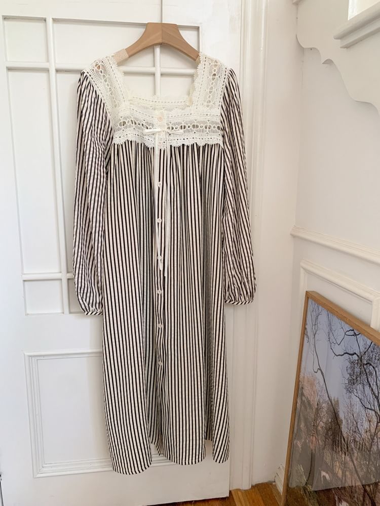 Couple Matching Long-Sleeve Striped Button Pajama Top / Pants / Square Neck Midi Sleep Dress / Set (Various Designs)