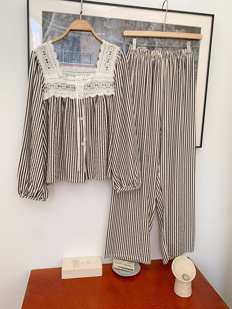 Couple Matching Long-Sleeve Striped Button Pajama Top / Pants / Square Neck Midi Sleep Dress / Set (Various Designs)