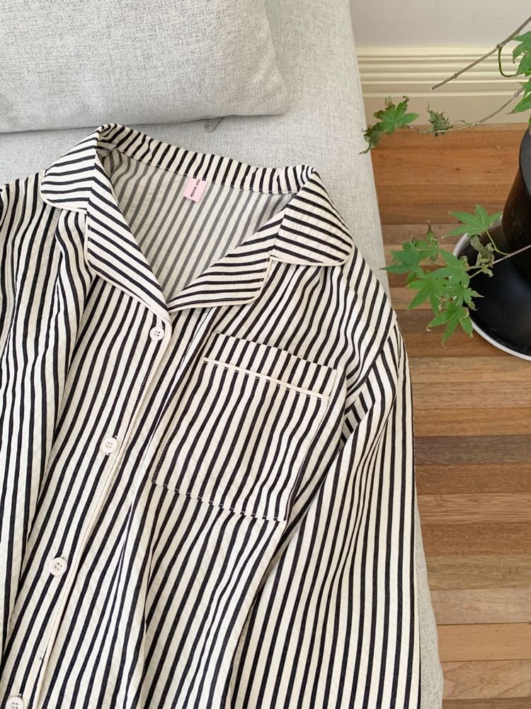 Couple Matching Long-Sleeve Striped Button Pajama Top / Pants / Square Neck Midi Sleep Dress / Set (Various Designs)