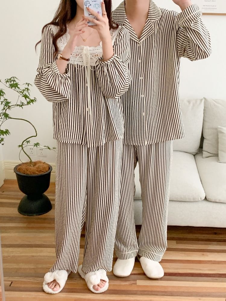 Couple Matching Long-Sleeve Striped Button Pajama Top / Pants / Square Neck Midi Sleep Dress / Set (Various Designs)