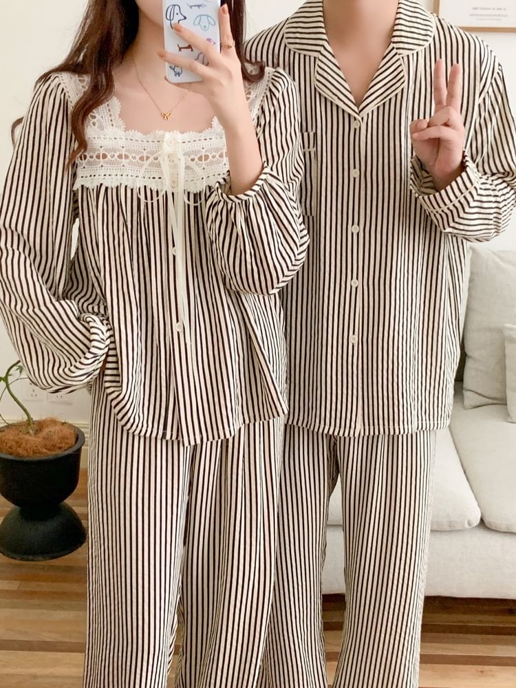 Couple Matching Long-Sleeve Striped Button Pajama Top / Pants / Square Neck Midi Sleep Dress / Set (Various Designs)