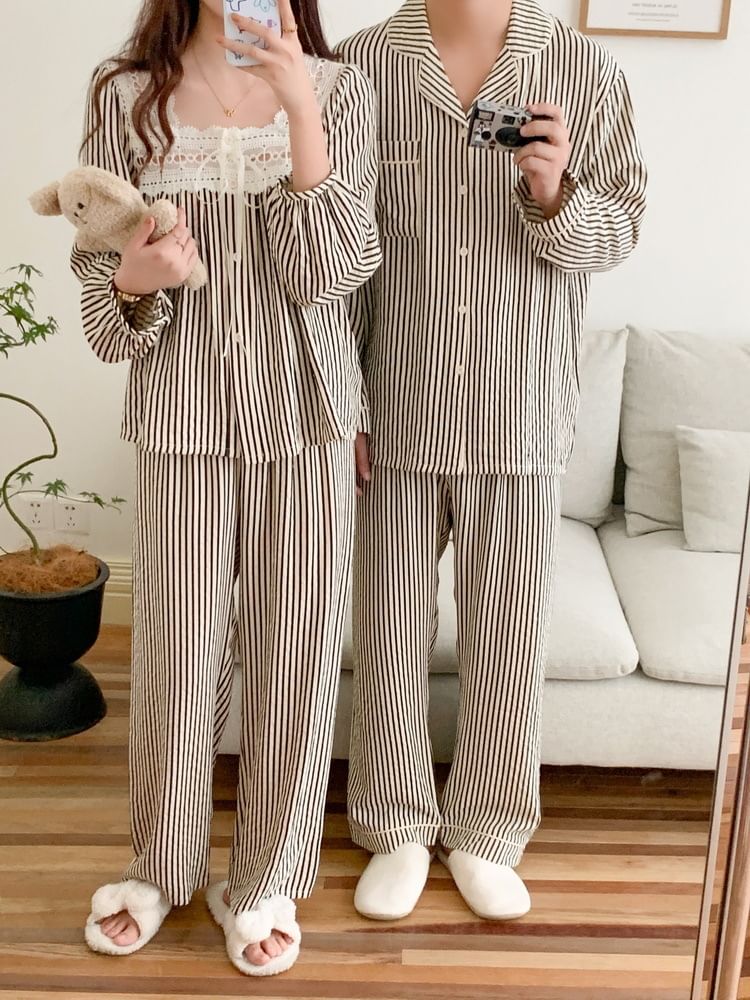 Couple Matching Long-Sleeve Striped Button Pajama Top / Pants / Square Neck Midi Sleep Dress / Set (Various Designs)