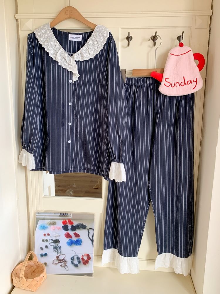 Couple Matching Pajama Set: Long-Sleeve Collar Striped Button Top + Pants (Various Designs)
