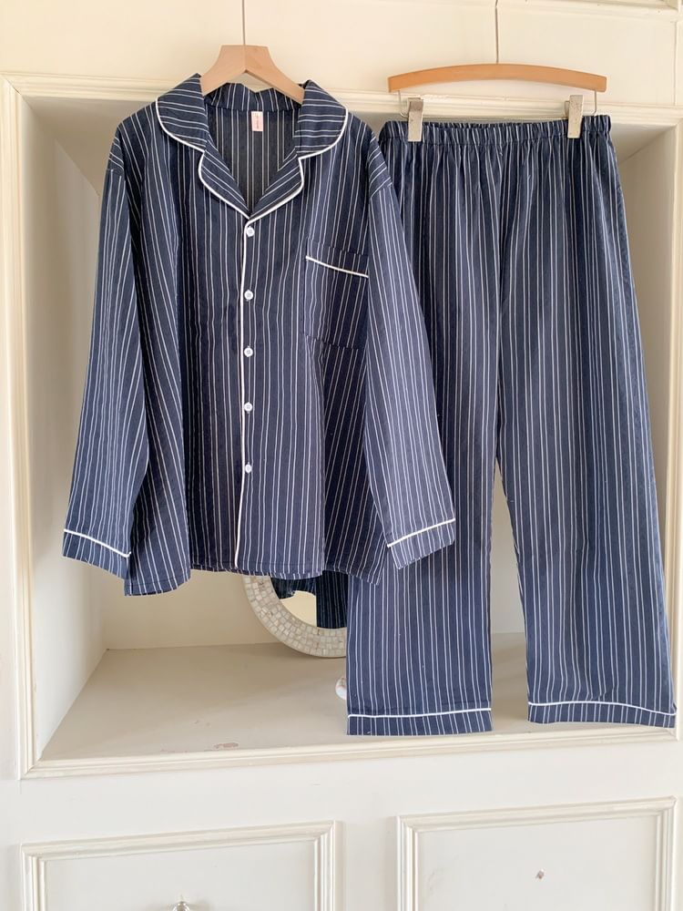 Couple Matching Pajama Set: Long-Sleeve Collar Striped Button Top + Pants (Various Designs)