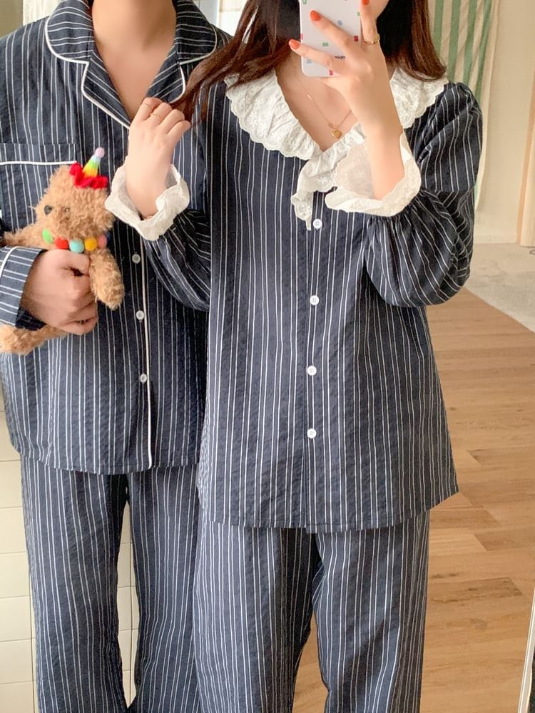 Couple Matching Pajama Set: Long-Sleeve Collar Striped Button Top + Pants (Various Designs)