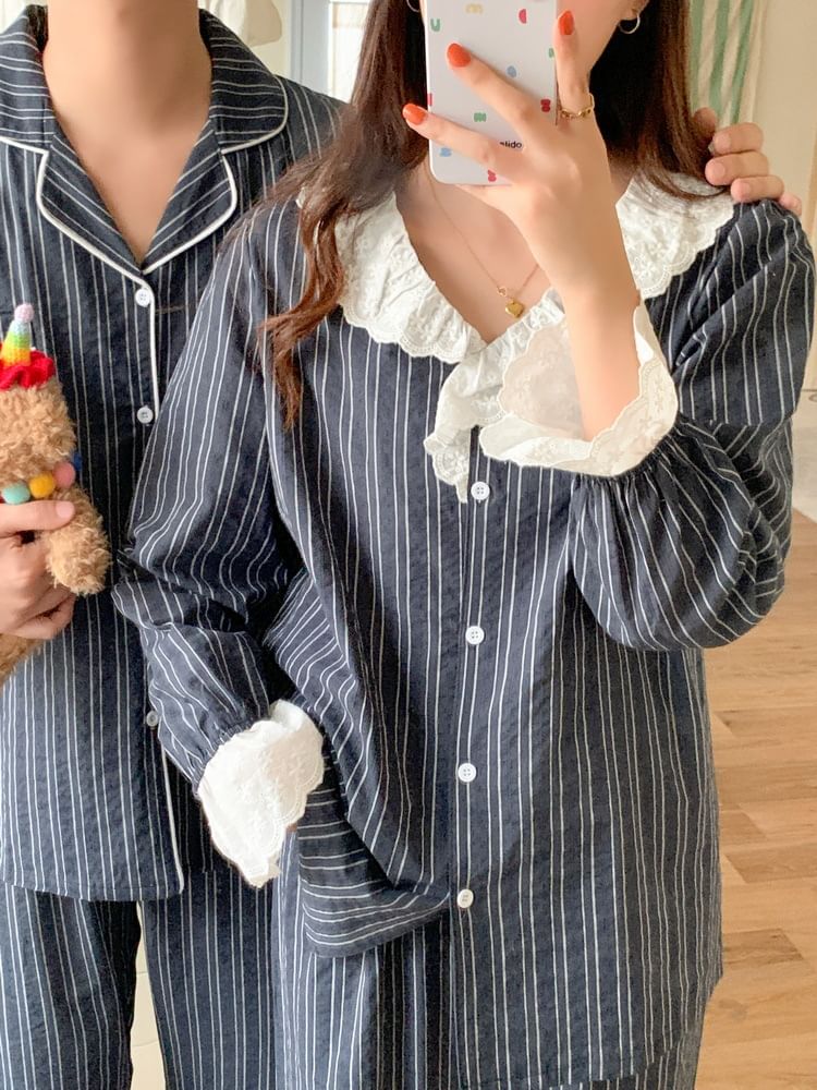 Couple Matching Pajama Set: Long-Sleeve Collar Striped Button Top + Pants (Various Designs)