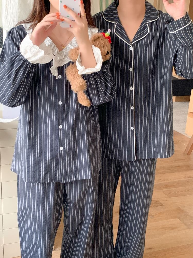 Couple Matching Pajama Set: Long-Sleeve Collar Striped Button Top + Pants (Various Designs)