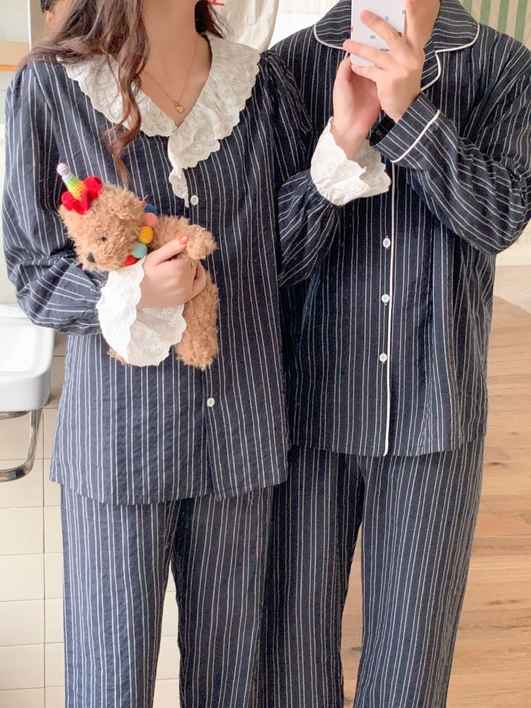 Couple Matching Pajama Set: Long-Sleeve Collar Striped Button Top + Pants (Various Designs)