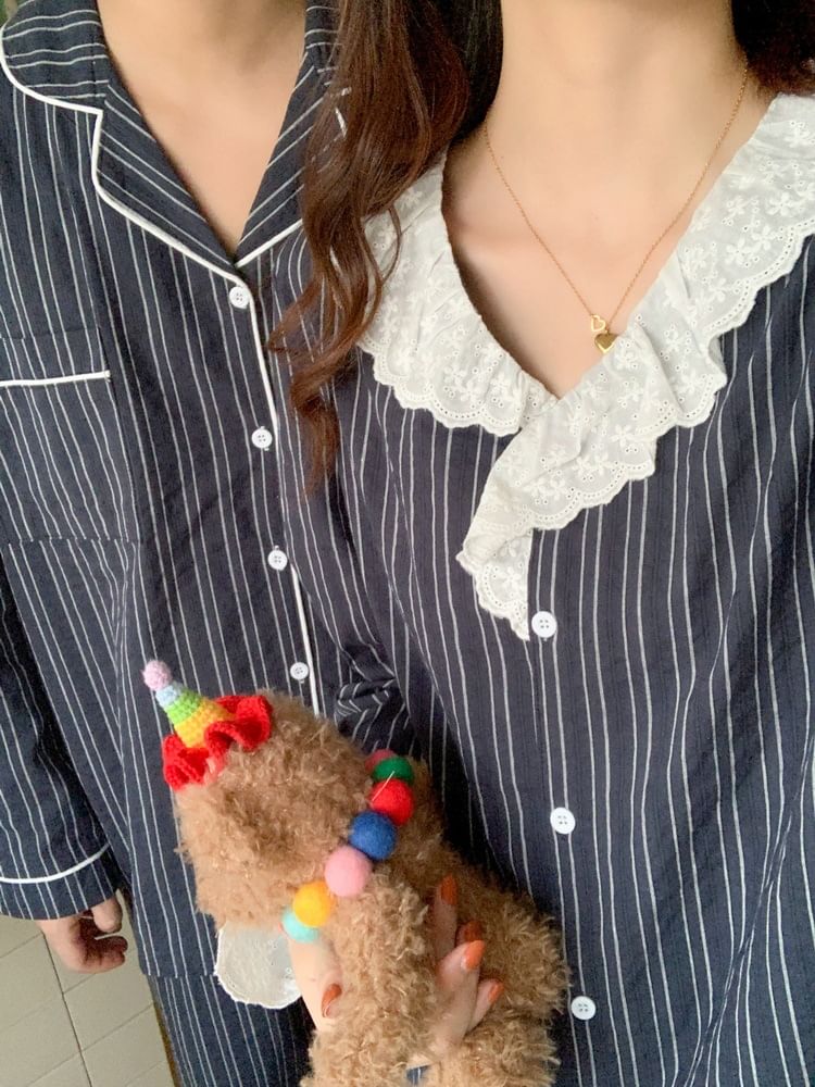 Couple Matching Pajama Set: Long-Sleeve Collar Striped Button Top + Pants (Various Designs)