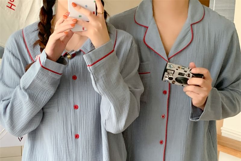 Couple Matching Pajama Set: Long-Sleeve Collar Contrast Trim Button Top + Pants (Various Designs)