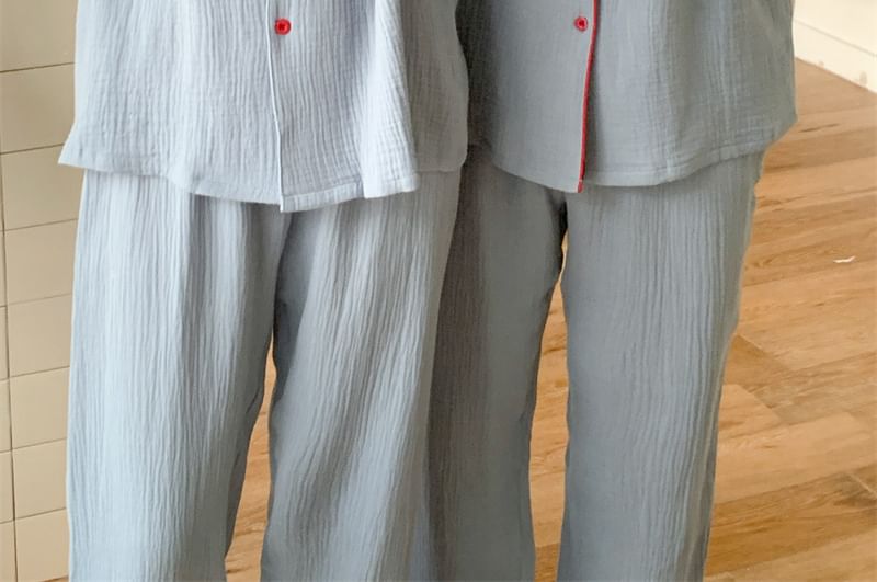 Couple Matching Pajama Set: Long-Sleeve Collar Contrast Trim Button Top + Pants (Various Designs)