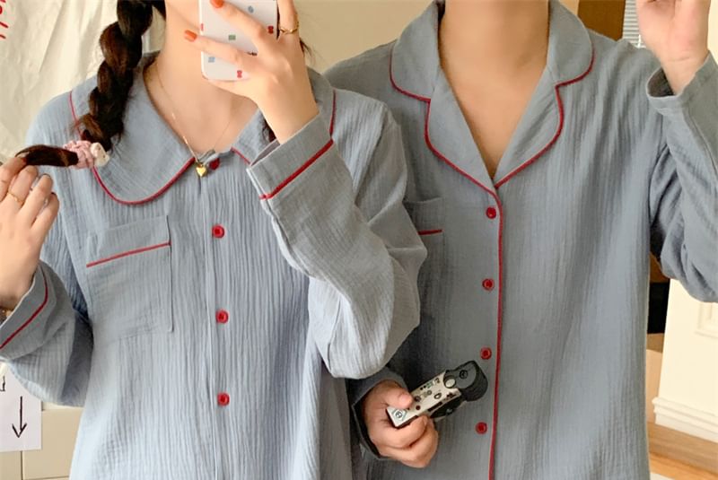 Couple Matching Pajama Set: Long-Sleeve Collar Contrast Trim Button Top + Pants (Various Designs)