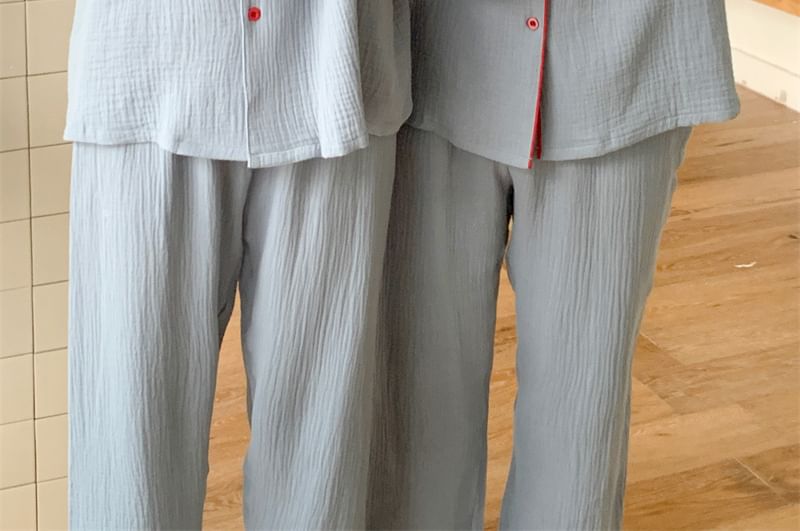 Couple Matching Pajama Set: Long-Sleeve Collar Contrast Trim Button Top + Pants (Various Designs)