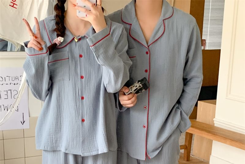 Couple Matching Pajama Set: Long-Sleeve Collar Contrast Trim Button Top + Pants (Various Designs)