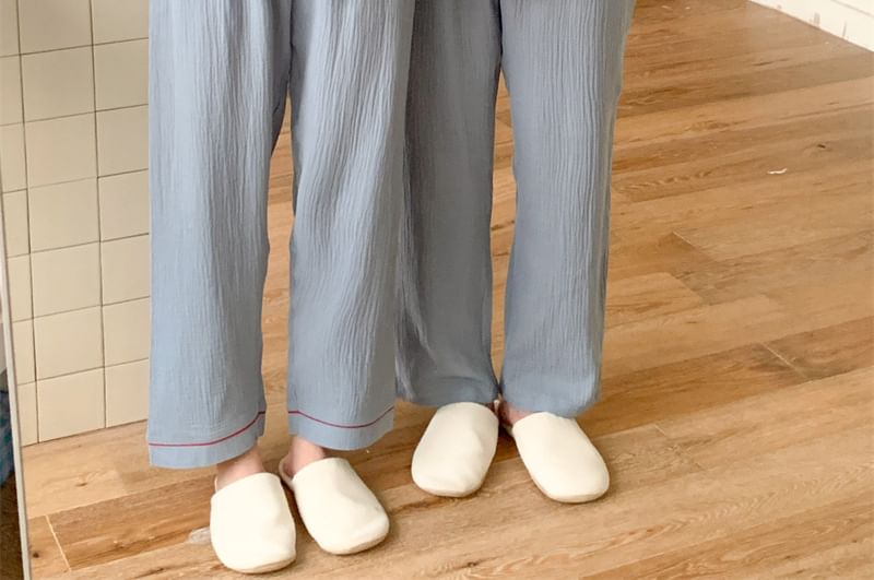 Couple Matching Pajama Set: Long-Sleeve Collar Contrast Trim Button Top + Pants (Various Designs)