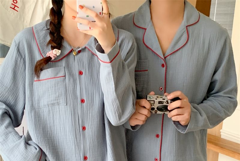 Couple Matching Pajama Set: Long-Sleeve Collar Contrast Trim Button Top + Pants (Various Designs)