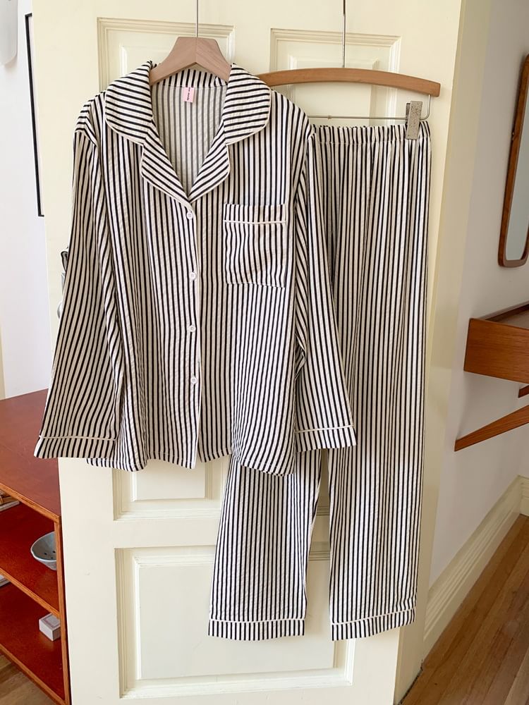Couple Matching Pajama Set: Long-Sleeve Lapel Collar Striped Button Top + Pants (Various Designs)