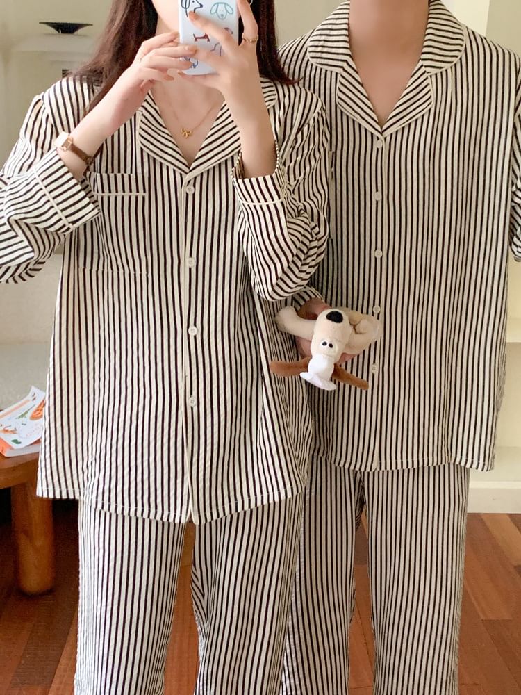Couple Matching Pajama Set: Long-Sleeve Lapel Collar Striped Button Top + Pants (Various Designs)