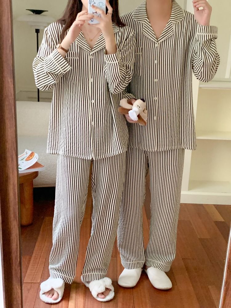 Couple Matching Pajama Set: Long-Sleeve Lapel Collar Striped Button Top + Pants (Various Designs)