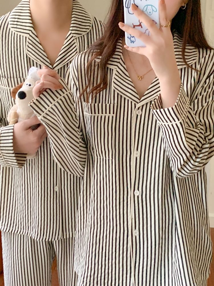 Couple Matching Pajama Set: Long-Sleeve Lapel Collar Striped Button Top + Pants (Various Designs)