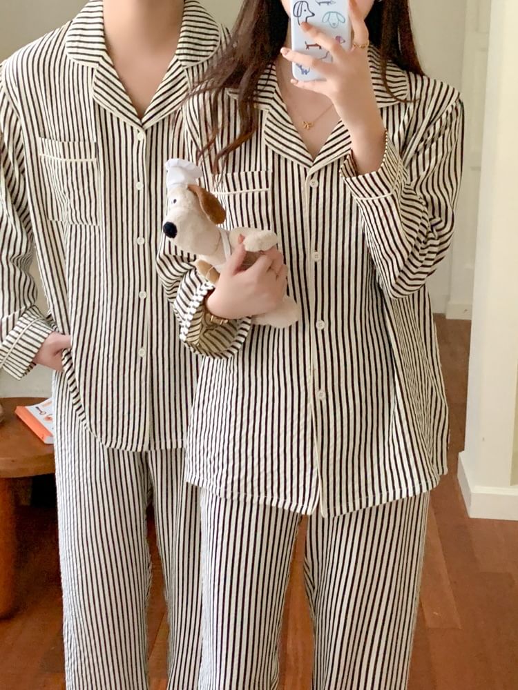 Couple Matching Pajama Set: Long-Sleeve Lapel Collar Striped Button Top + Pants (Various Designs)