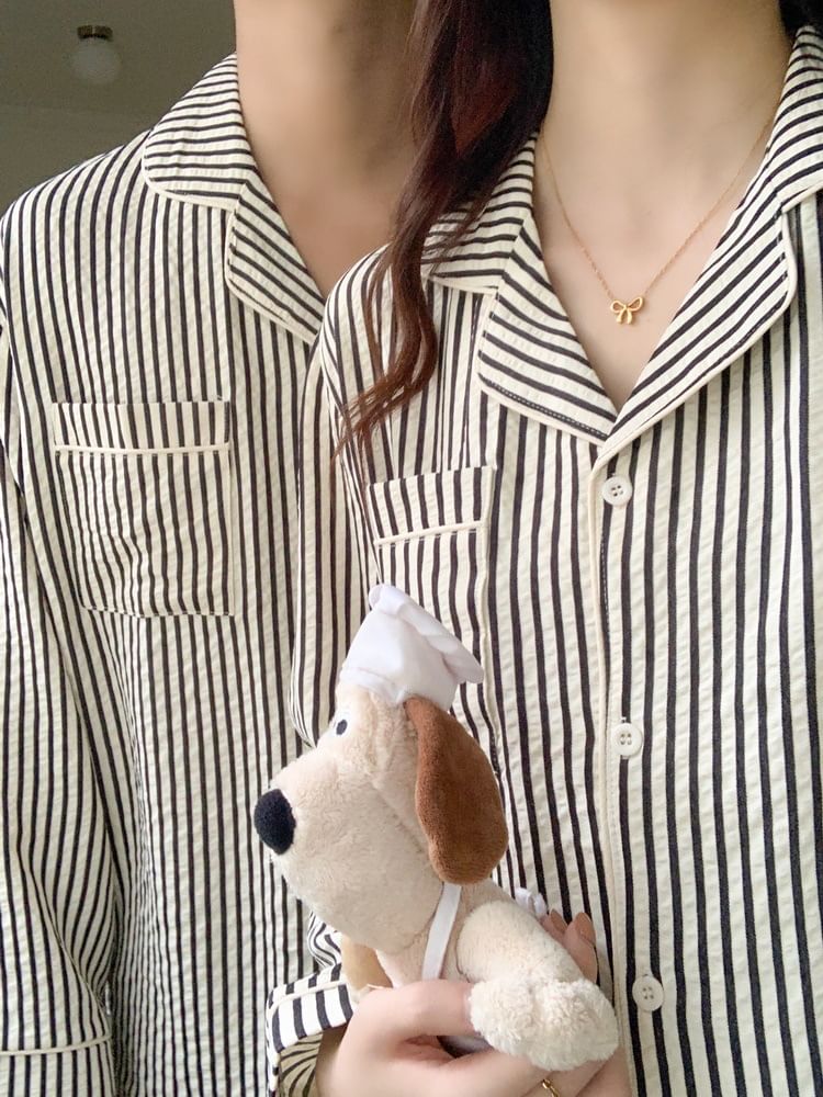 Couple Matching Pajama Set: Long-Sleeve Lapel Collar Striped Button Top + Pants (Various Designs)