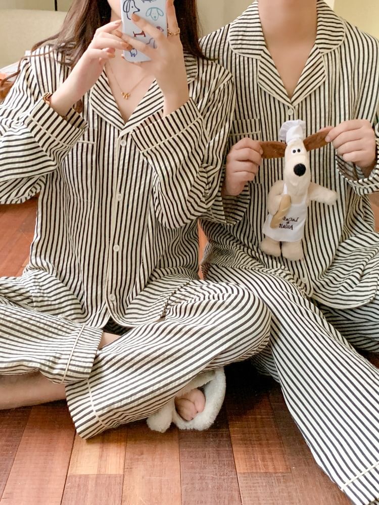 Couple Matching Pajama Set: Long-Sleeve Lapel Collar Striped Button Top + Pants (Various Designs)