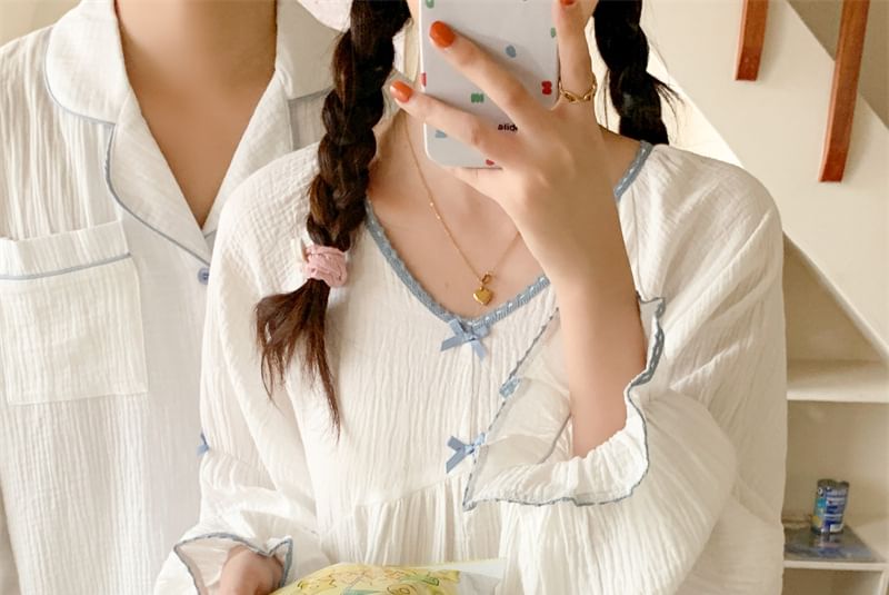 Couple Matching Long-Sleeve Contrast Trim Button Pajama Top / Pants / V-Neck Bow Midi Sleep Dress / Set