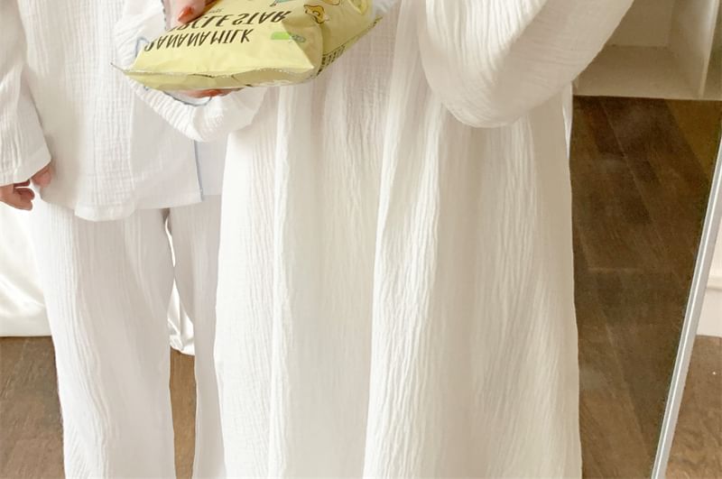 Couple Matching Long-Sleeve Contrast Trim Button Pajama Top / Pants / V-Neck Bow Midi Sleep Dress / Set