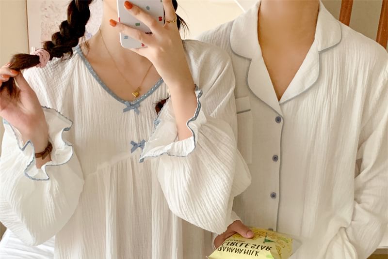 Couple Matching Long-Sleeve Contrast Trim Button Pajama Top / Pants / V-Neck Bow Midi Sleep Dress / Set