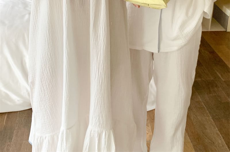 Couple Matching Long-Sleeve Contrast Trim Button Pajama Top / Pants / V-Neck Bow Midi Sleep Dress / Set