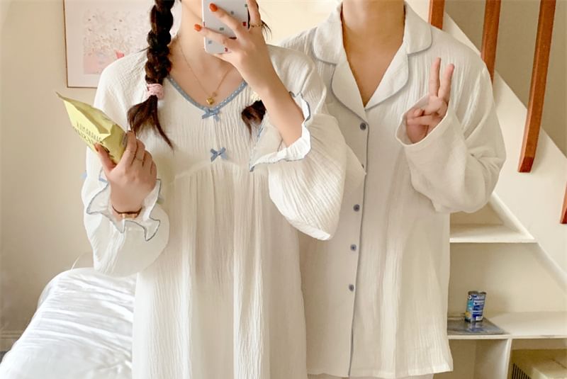 Couple Matching Long-Sleeve Contrast Trim Button Pajama Top / Pants / V-Neck Bow Midi Sleep Dress / Set