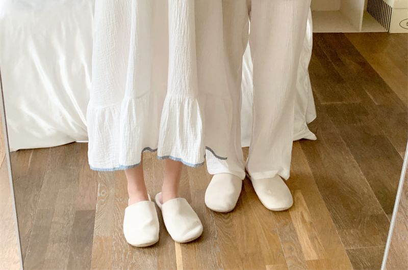 Couple Matching Long-Sleeve Contrast Trim Button Pajama Top / Pants / V-Neck Bow Midi Sleep Dress / Set