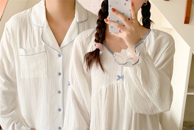 Couple Matching Long-Sleeve Contrast Trim Button Pajama Top / Pants / V-Neck Bow Midi Sleep Dress / Set