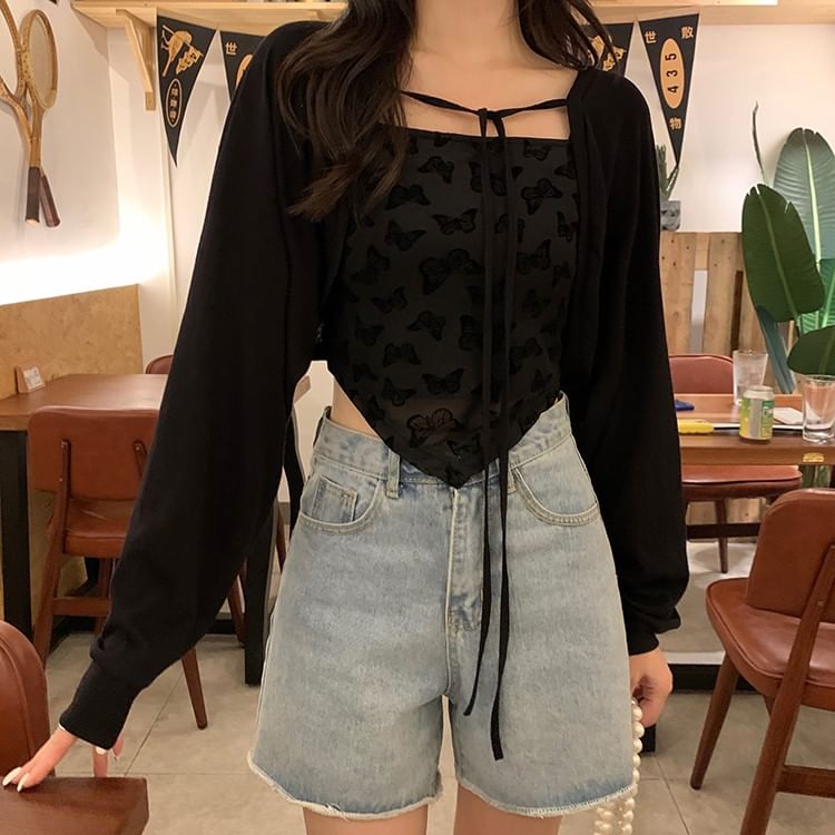 Long Sleeve Tie-Front Cropped Plain Cardigan