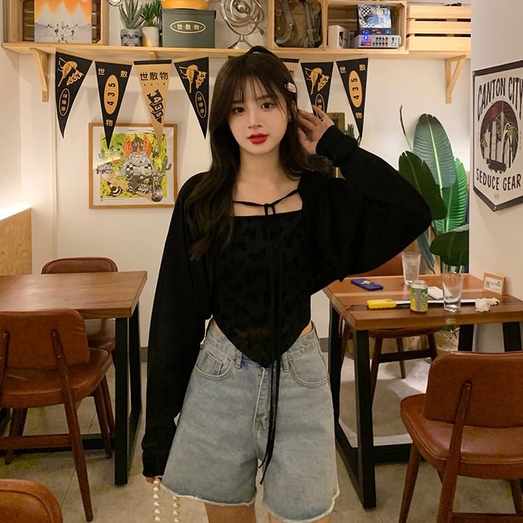Long Sleeve Tie-Front Cropped Plain Cardigan