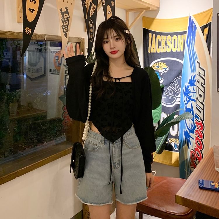 Long Sleeve Tie-Front Cropped Plain Cardigan