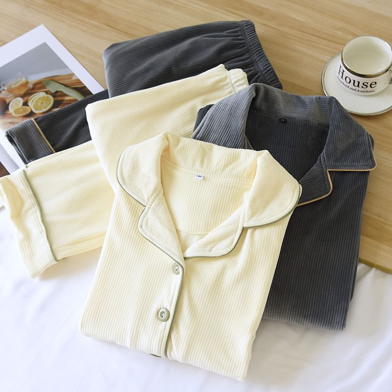 Couple Matching Pajama Set: Long-Sleeve Lapel Collar Contrast Trim Button-Up Flannel Top + Pants (Various Designs)