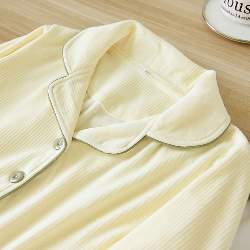 Couple Matching Pajama Set: Long-Sleeve Lapel Collar Contrast Trim Button-Up Flannel Top + Pants (Various Designs)