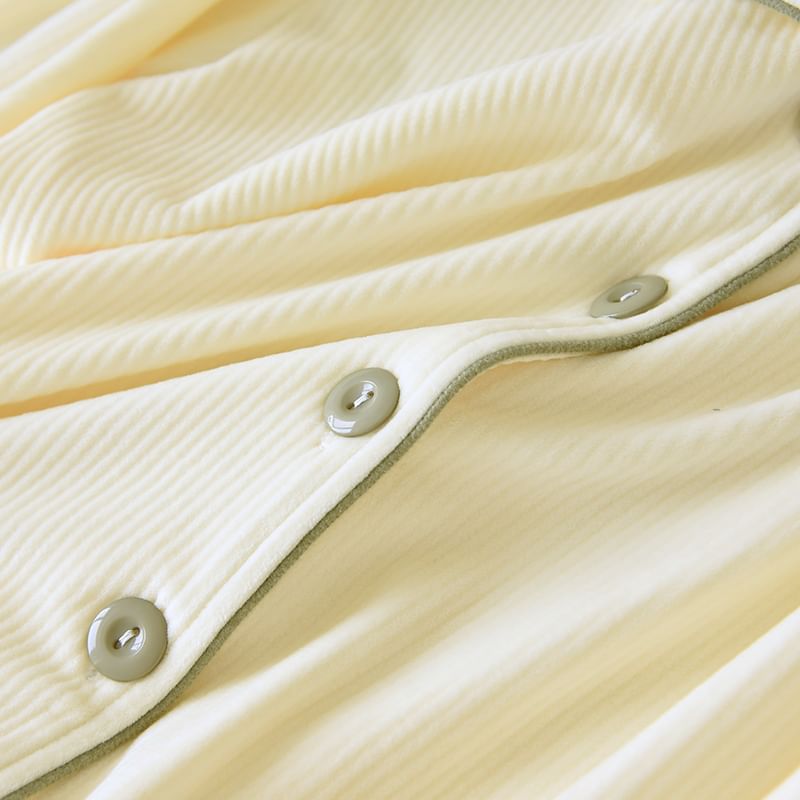 Couple Matching Pajama Set: Long-Sleeve Lapel Collar Contrast Trim Button-Up Flannel Top + Pants (Various Designs)