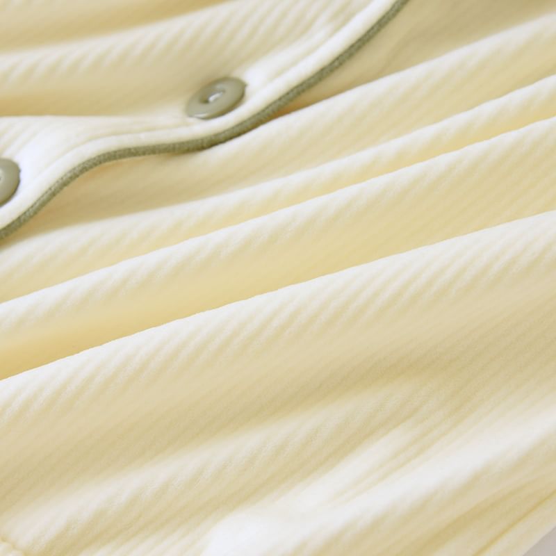 Couple Matching Pajama Set: Long-Sleeve Lapel Collar Contrast Trim Button-Up Flannel Top + Pants (Various Designs)