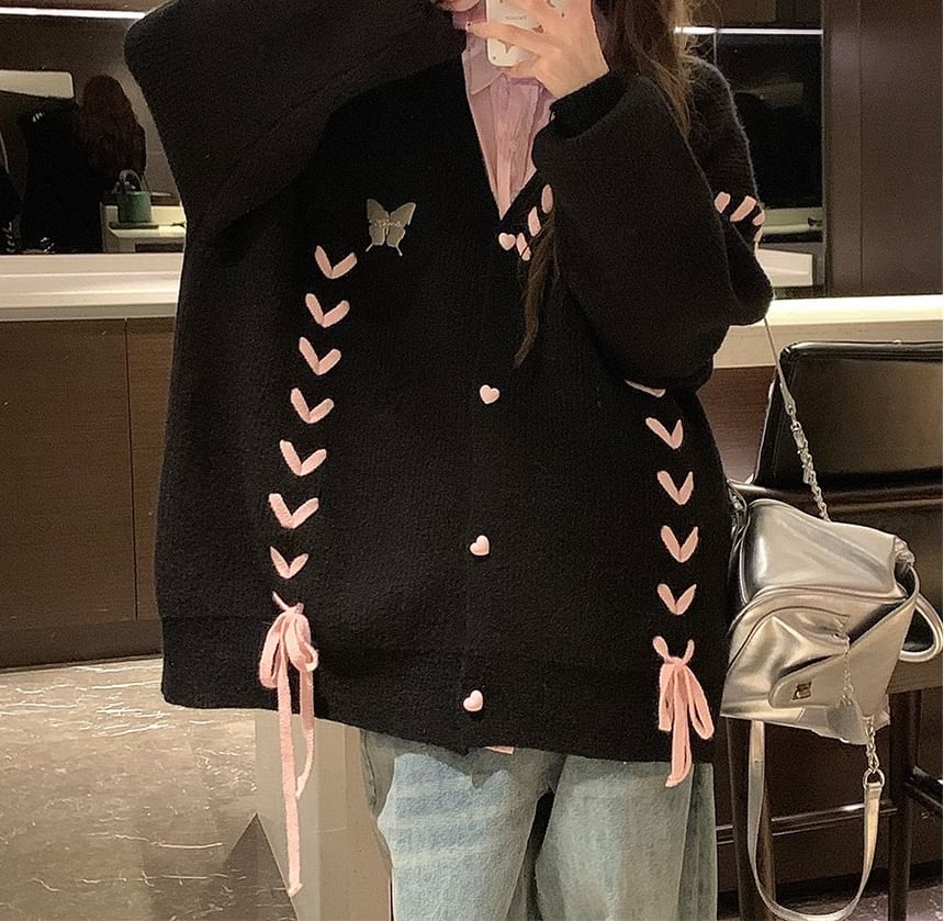 Butterfly Accent Lace-Up Heart Button V-Neck Cardigan