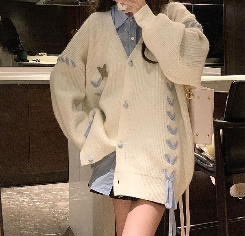 Butterfly Accent Lace-Up Heart Button V-Neck Cardigan
