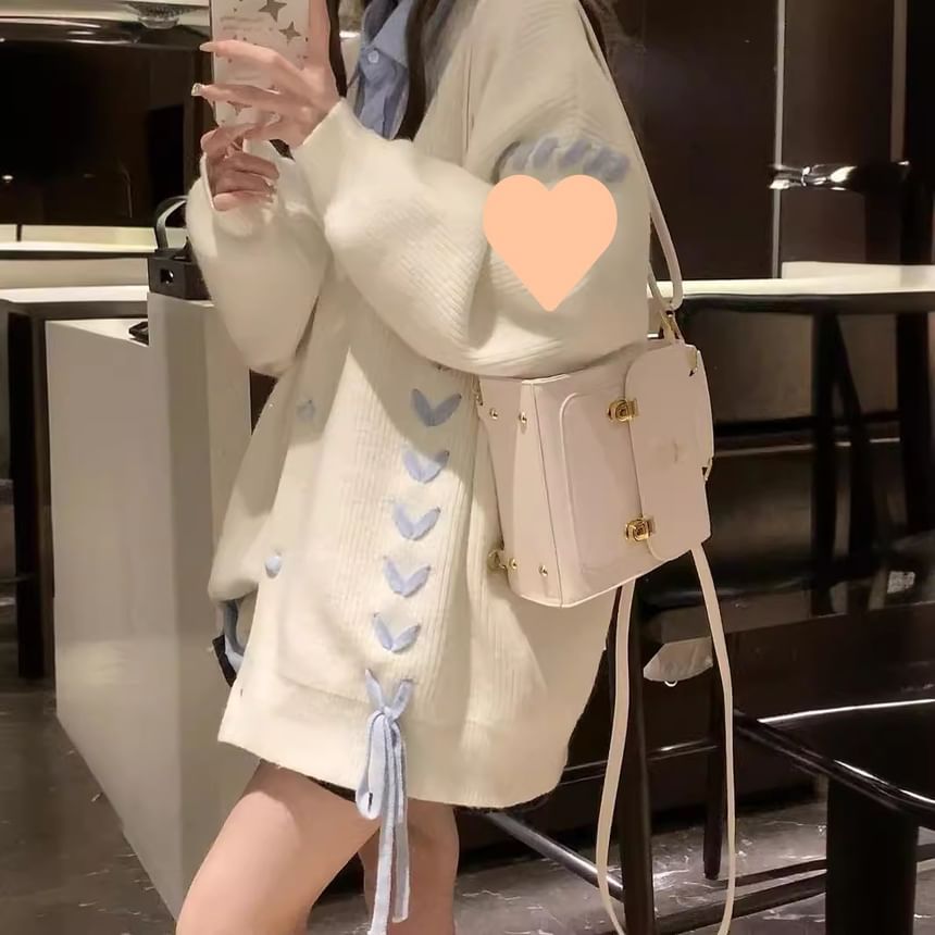 Butterfly Accent Lace-Up Heart Button V-Neck Cardigan